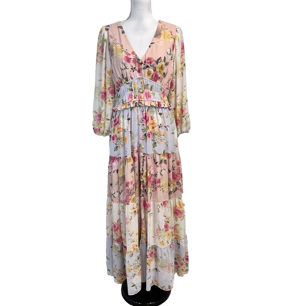 Melonie Dress sz 8/8 Pet Pink Rose Floral Sheer Maxi Long Prairie Boho Wedding